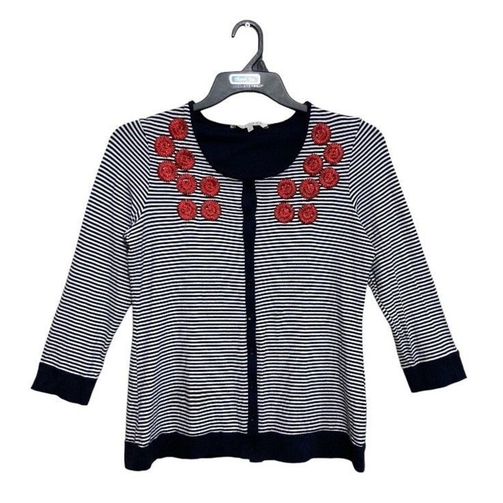 Lakeland Button-Up Cardigan Womens Sz 12 Blue White Stripe Red Floral 3/4 Sleeve